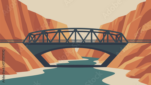 A bridge spans a river between canyon walls in a stylized illustration with a muted color palette