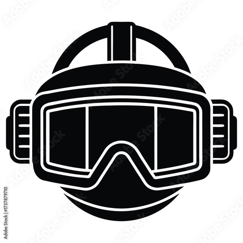 Black and white vector illustration of a gas mask for protection and safety equipment, like a snorkeling or ski goggles object
