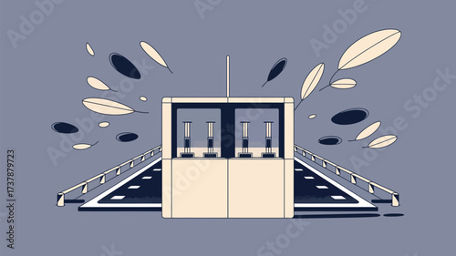 Illustration of a toll booth on a road with leaves and dark circles floating in the background scene