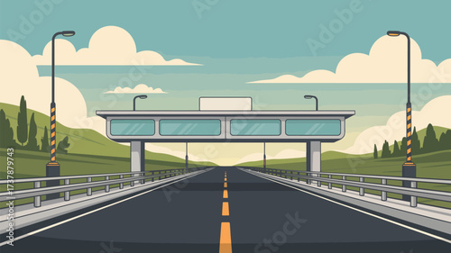 A highway road with a bridge structure over it and street lights on the side with cloudy sky background