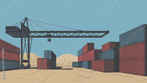Illustrated scene of shipping containers stacked near a crane in a desert landscape under a blue sky