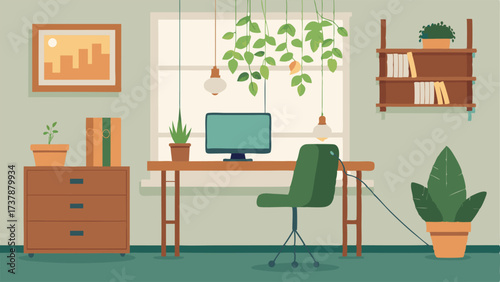 A home office with a hanging macrame plant holder and a wall covered in trailing ivy.
