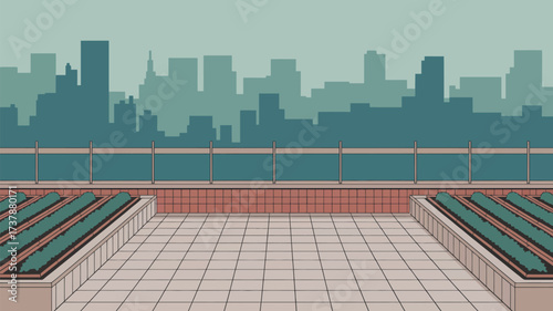 A rooftop garden with planters and a view of a city skyline in the background on a cloudy day
