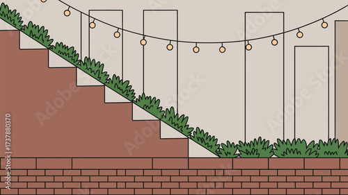 A cartoon illustration of brick stairs with bushes and string lights against a neutral colored wall