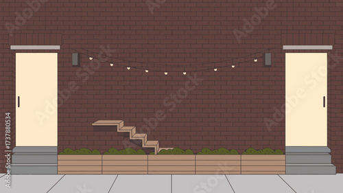 Exterior brick wall with two doors, string lights, and a planter box with tiered cat steps design