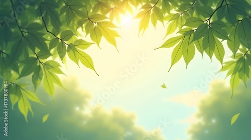 Bright sunlight shining through fresh green leaves in a forest. A beautiful nature background representing spring, summer, and a healthy environment.