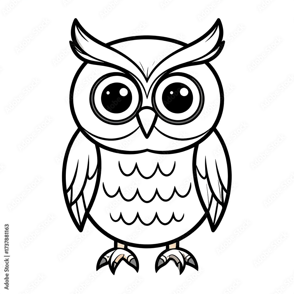 Fototapeta premium A simple black and white line art illustration of a cute cartoon owl with large eyes, standing and facing forward.