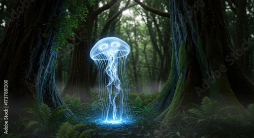 A magical and surreal scene of a giant, glowing blue jellyfish floating mysteriously in the middle of an enchanted, misty forest.