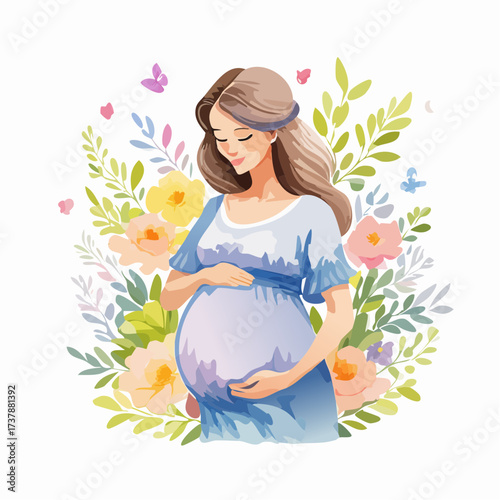 Watercolor whimsical illustration of a pregnant Muslim woman wearing hijab drinking water with floating flowers sparkles and hearts pastel colors hand painted dreamy fantasy on white background