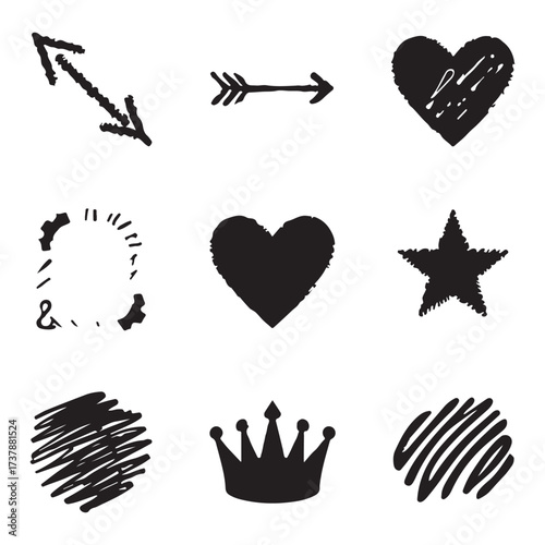 Scribble doodle elements set, paint underline children marker scratch, vector pen squiggle kit collection. Kids ' hand-drawn abstract sketch, alphabet, texture, icons, heart, crown, star, love icon.