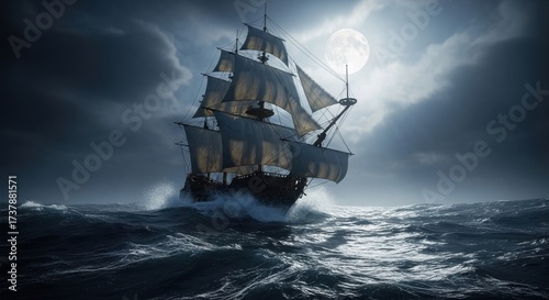 A majestic and epic old tall ship or galleon sails through a stormy sea at night, with a dramatic full moon illuminating the rough, churning waves.