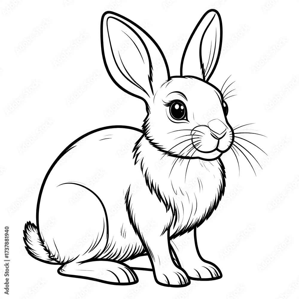 Fototapeta premium Detailed black and white line drawing of a cute rabbit sitting upright.