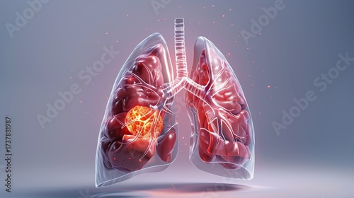 Lung Cancer Awareness Month. medical illustration, 3D rendered human lungs with transparent view showing tumor location, clinical medical style, neutral background
