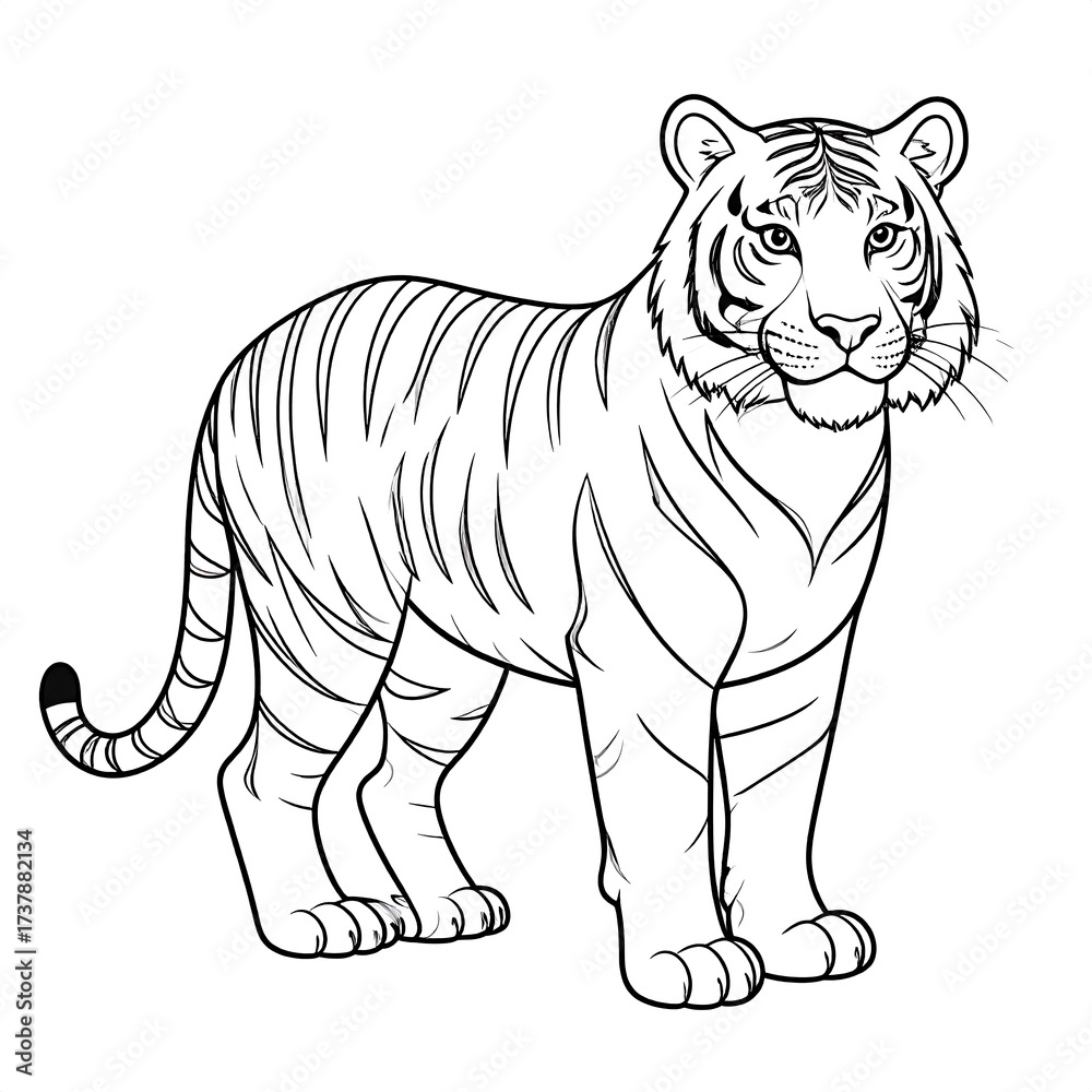 Obraz premium Detailed black and white line art drawing of a majestic tiger standing, perfect for coloring books or educational materials.