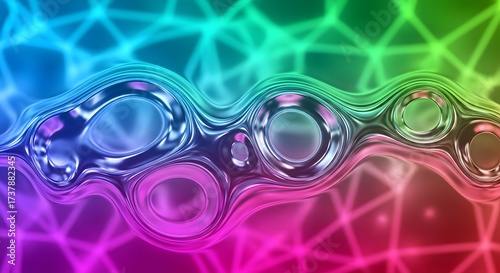 Colorful abstract representation of interconnected bubbles and lines with a vibrant gradient background