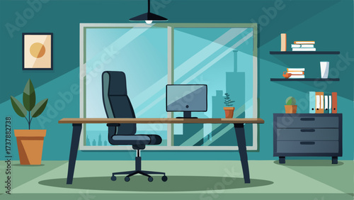 A home office with a sleek glass desk and a comfortable black office chair.