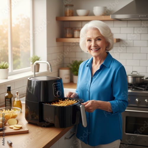 Smiling older woman preparing fresh, chopped vegetables for a healthy meal using a modern black air fryer in a rustic kitchen.

