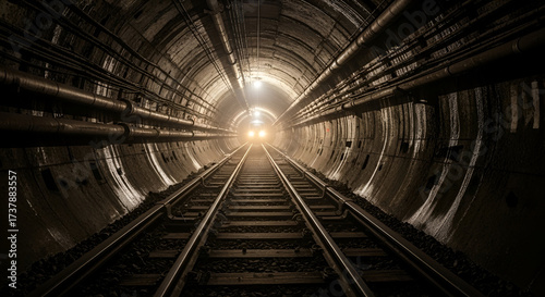 Eerie train tunnel with approaching headlights and network of pipes ready for moody backgrounds, gritty urban projects, and cinematic scenes