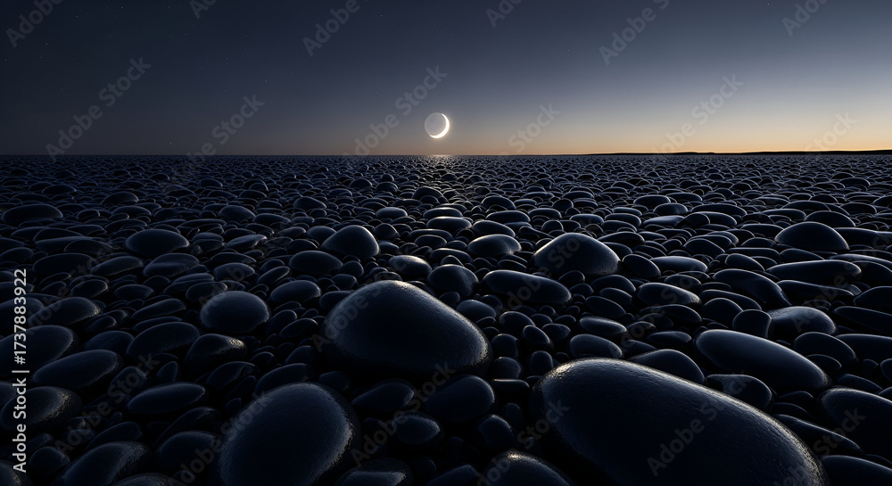 Obraz premium Dramatic crescent moon over black pebble beach at twilight creates stunning backdrop for travel blogs or tranquil meditation app visuals