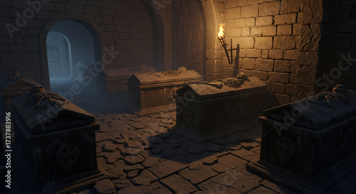 Explore a chilling dungeon crypt illuminated by flickering torchlight, perfect for horror games, fantasy worlds, or gothic storytelling