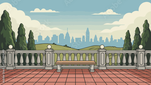 A terrace overlooking a cityscape with a bench and trees under a cloudy sky in a cartoon style view