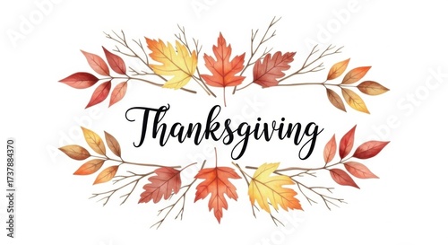Watercolor thanksgiving text in a fall leaves wreath decoration on white background