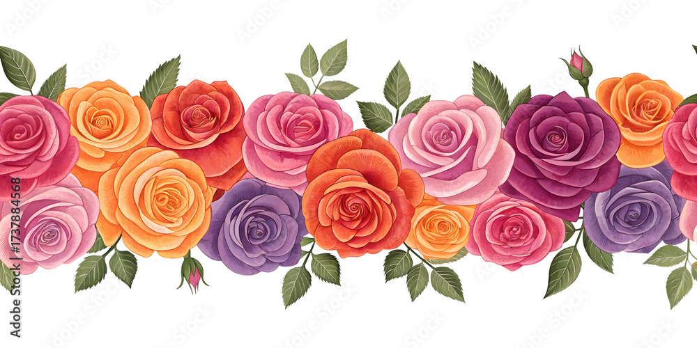Naklejka premium Seamless border of colorful roses isolated on transparent background