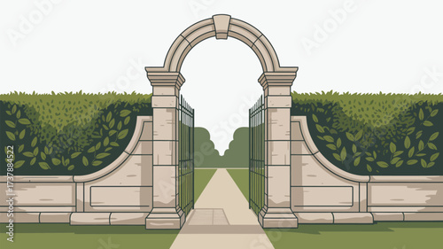 A garden gate with stone archway and trimmed hedges leading to a distant tree lined path view