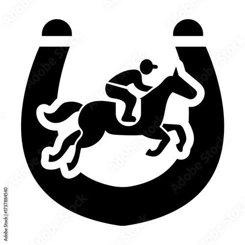 Horseshoe with jockey icon, symbolizing luck, tradition, and competition in horse racing.