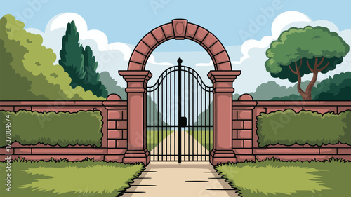 A cartoon illustration of a closed iron gate with a brick archway and wall in a garden setting scene