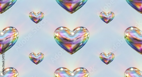 Colorful heart-shaped patterns floating against a soft blue background, creating a whimsical atmosphere