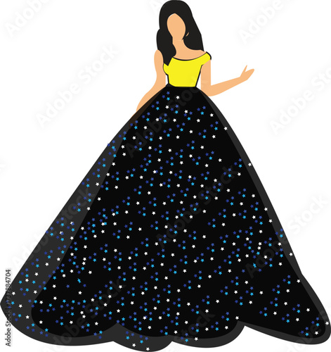 Fashion Lady in Black Glitter Ball Gown with Yellow Bodice