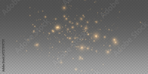The light of gold dust, glowing sparkles and magical shimmer create festive Christmas dust background. Yellow flickering glow and bokeh particles shine on transparent PNG.