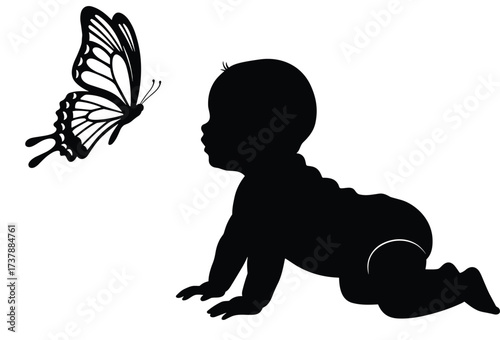 Crawling baby silhouette, butterfly interaction, black vector, childhood curiosity, fashion flat, CAD drawing, nature moment