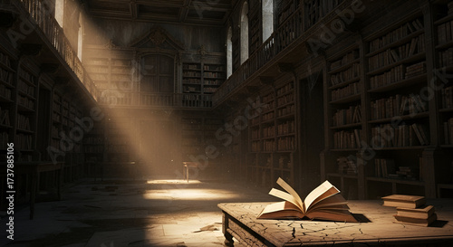Ethereal sun rays illuminate a grand, dusty old library, casting a magical glow on an open book sitting on a weathered wooden table.
