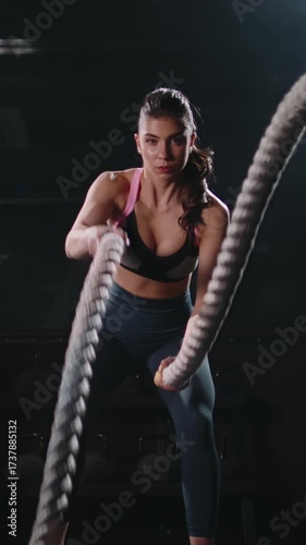 Athletic woman training with battle ropes in gym front view confidence focus discipline healthy lifestyle motivation strength endurance concept slow motion fitness vertical video