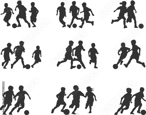 Set silhouettes of children football player illustrations isolated on transparent background. Child game. Sport training. Vector illustration