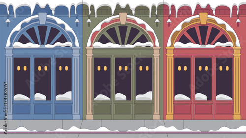 Three storefronts decorated with snow and lights in winter season with colorful facade design style
