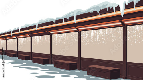 A winter scene showing a covered walkway with icicles hanging from the roof and benches underneath it
