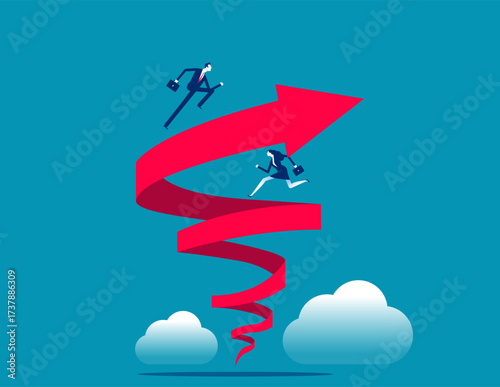 Business workers run upward along the tornado arrow