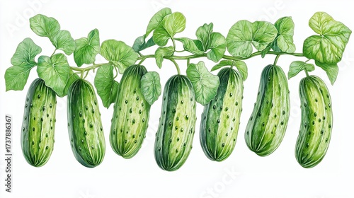 Fresh cucumbers hanging from a vine in a lush green garden during a sunny summer day, ready for harvest and culinary delights