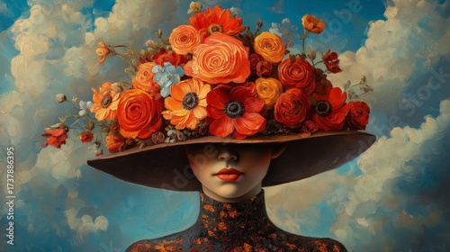 A vibrant woman surrounded by a stunning array of colorful flowers in a large hat stands against a dreamy sky at sunset