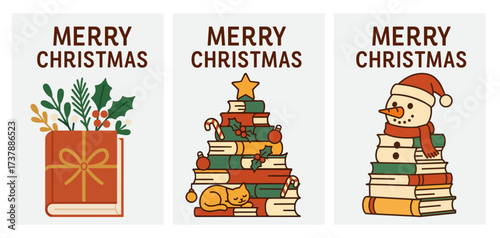 Merry Christmas bookish greeting cards set with snowman tree and gift.