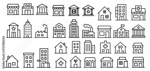 Set of building line icons including house apartment condo office shop store hospital clinic school bank courthouse factory and library in black outline vector