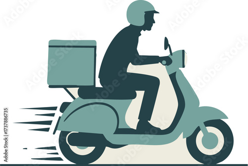Delivery rider on scooter speeding with food box ready to deliver.