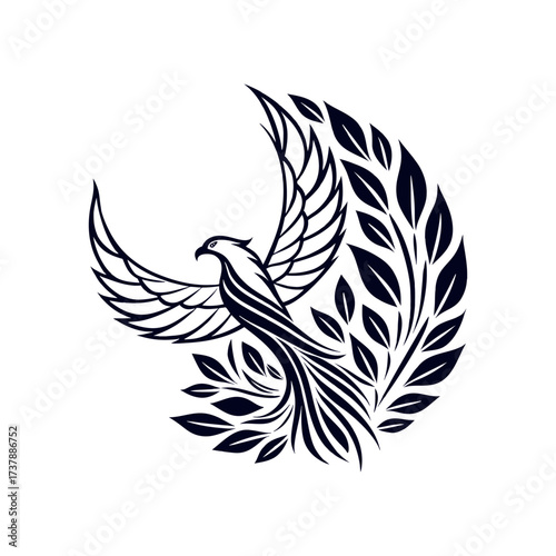 Elegant flying phoenix bird with leaf wings vector illustration in black and white