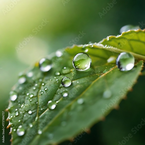 Macro close-up of a fresh dewdrop on a green leaf glowing in soft morning light, symbolizing purity and freshness.