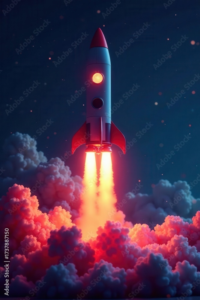 Fototapeta premium Steampunk rocket ascent, neon glow, dark background, dark, metal