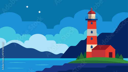 Lighthouse scene with mountains and stars
