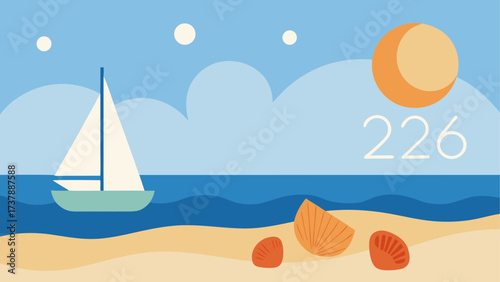Sailboat and seashells on a beach scenery